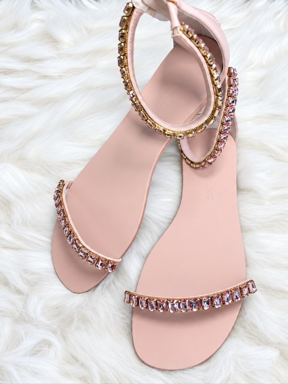 INC International Concepts Pink Rhinestone Crystal Sandals Size 8 Blush Flat Zip